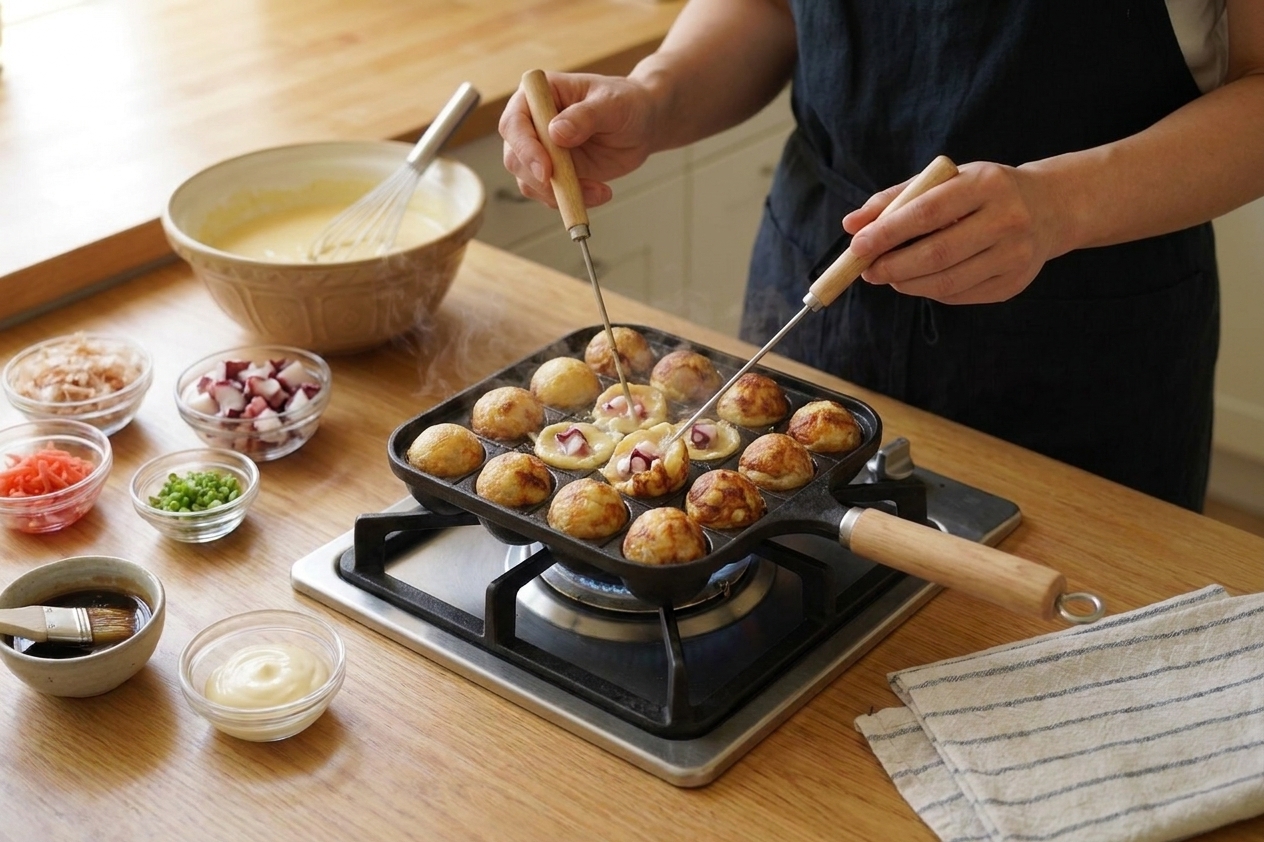 A takoyaki pan while a hand uses two skewers to turn partially set takoyaki balls