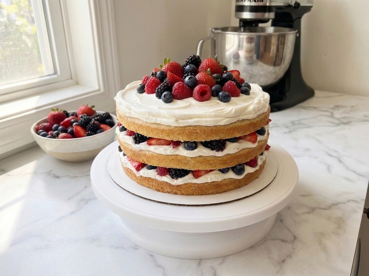 A tall Chantilly cake with vanilla layers, mascarpone whipped frosting, and fresh strawberries and blueberries on a white cake stand in a bright home kitchen