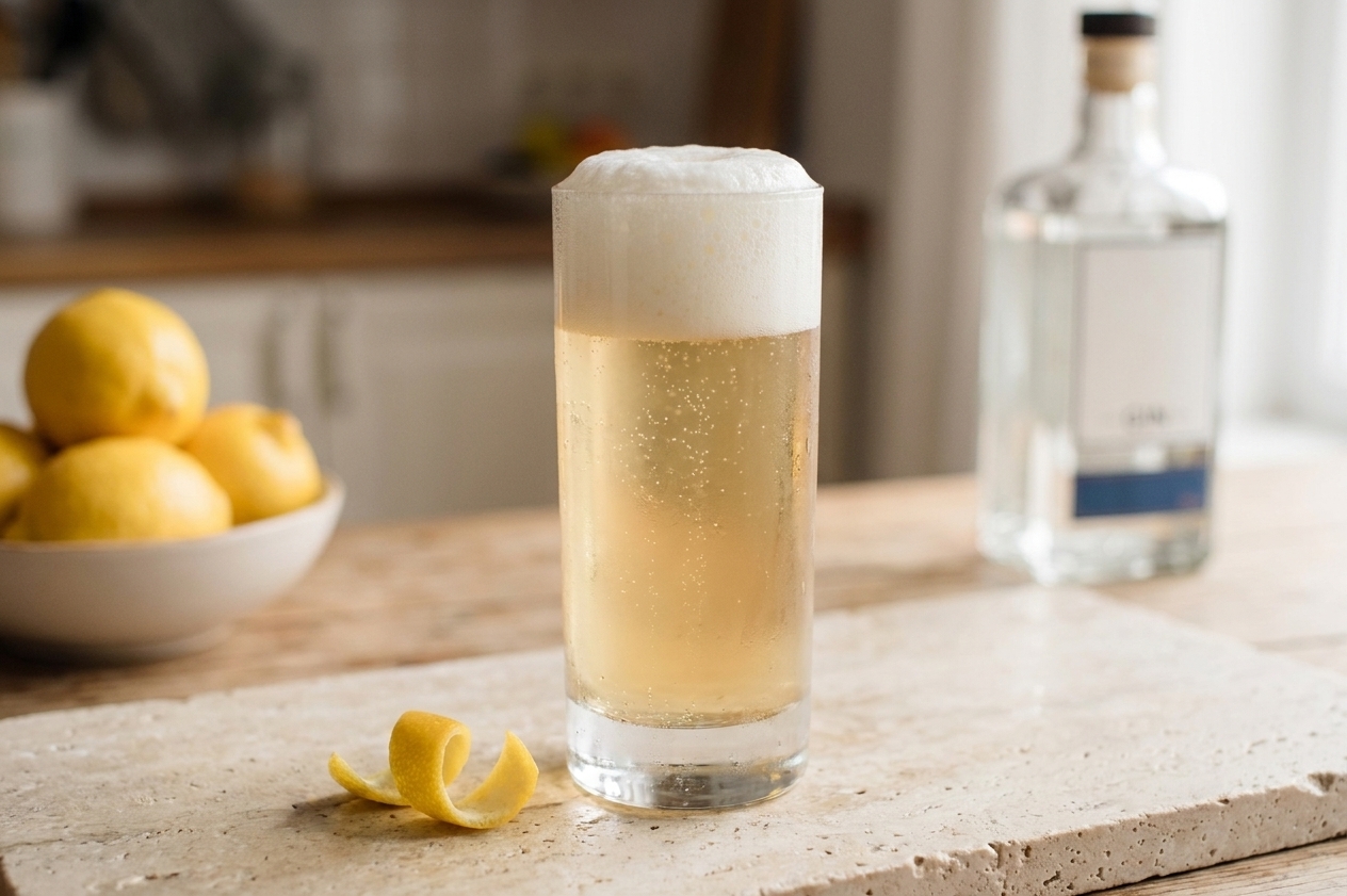A tall chilled glass of gin fizz with a bright foamy top, pale golden body, and tiny bubbles rising, sitting on a light stone kitchen counter with lemon peel nearby