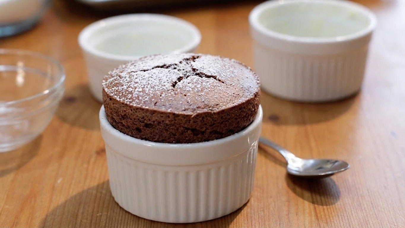 A tall chocolate soufflé in a white ramekin, risen above the rim with a lightly powdered sugar top on a warm wooden table