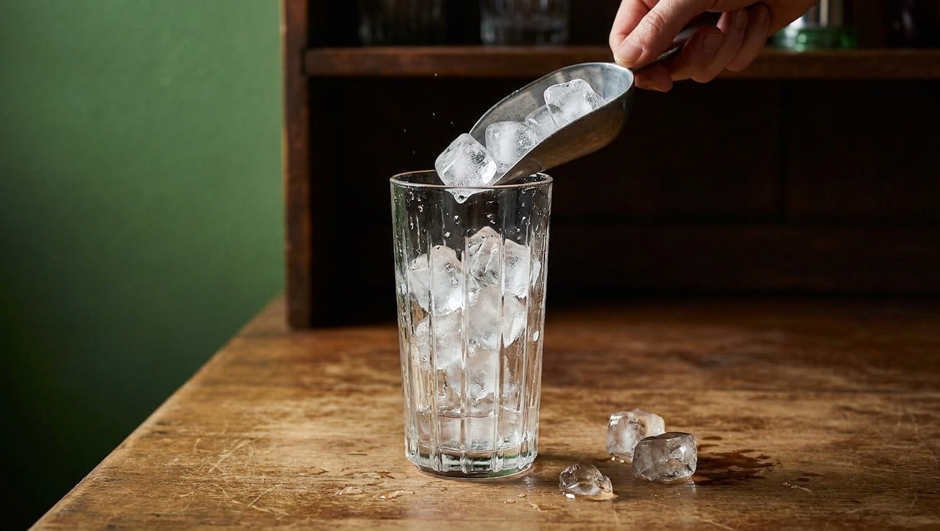 A tall clear glass being filled with fresh ice cubes on a clean kitchen counter