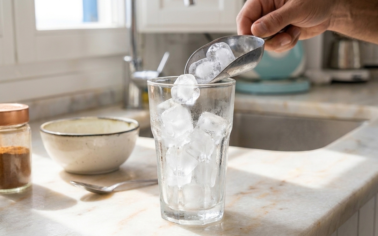 A tall clear glass being filled with ice cubes on a bright kitchen counter