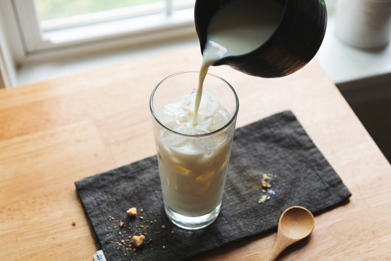 A tall clear glass filled with ice cubes as milk is poured in on a light kitchen counter