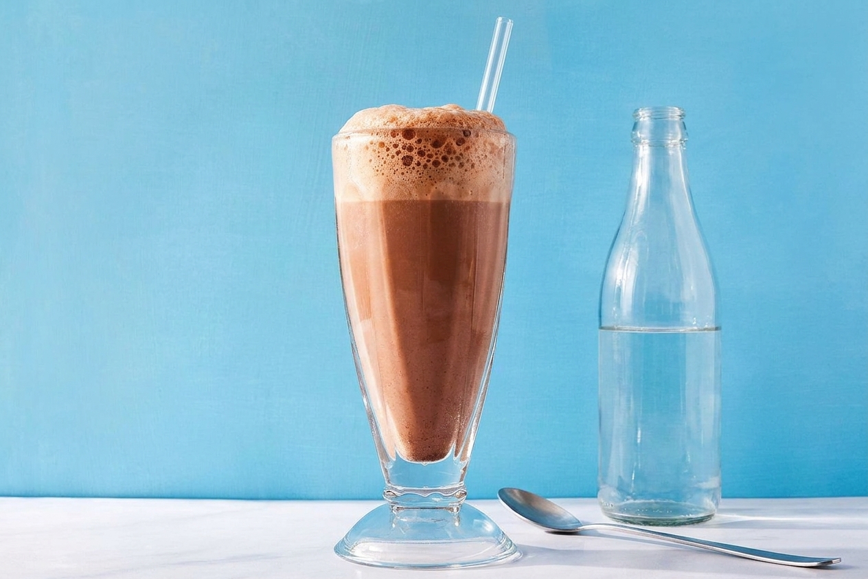 A tall clear glass of chocolate egg cream with a thick foamy head on a bright kitchen counter, with a spoon and a bottle of seltzer nearby
