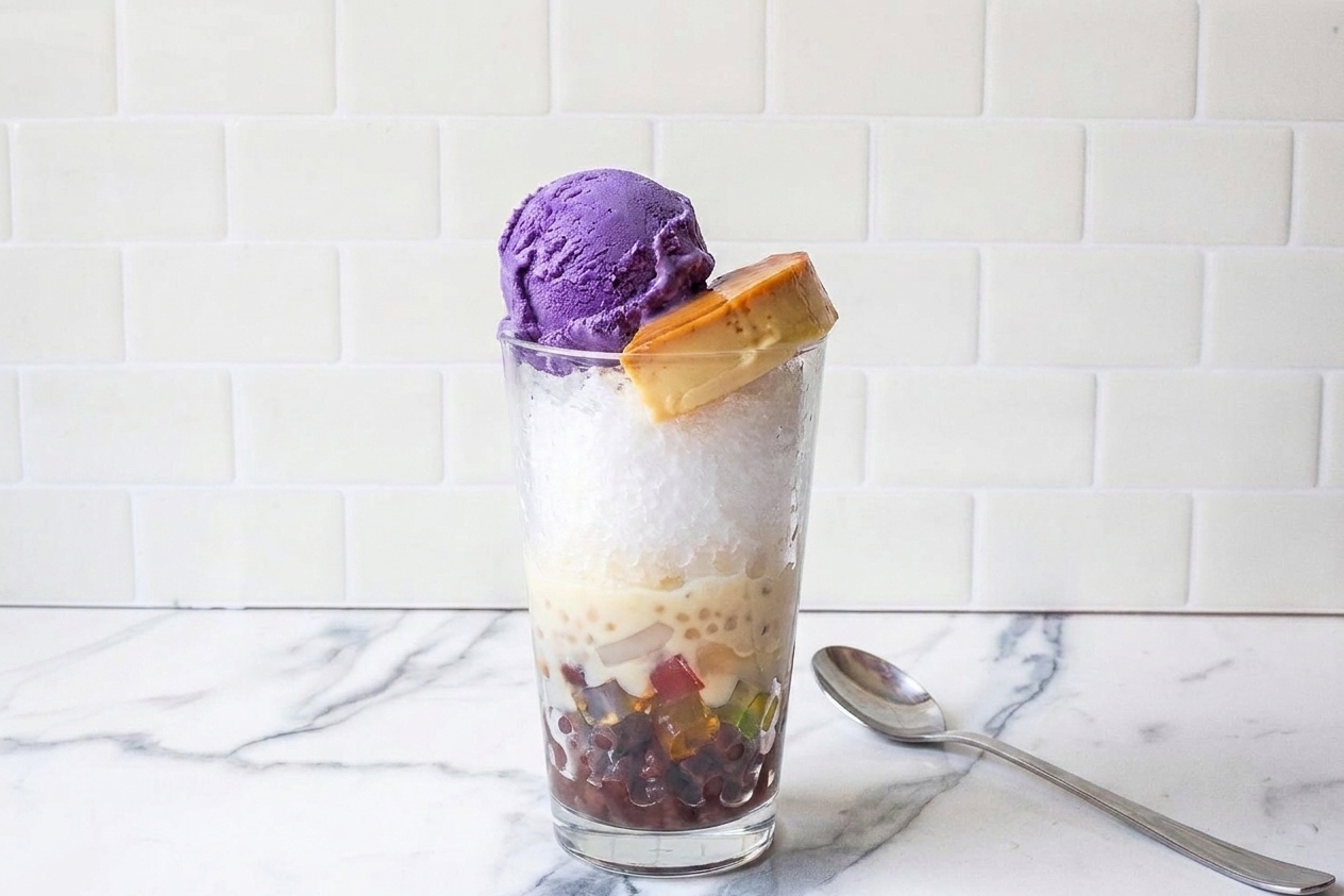 A tall clear glass of halo-halo with colorful sweetened beans and fruit at the bottom, a mound of finely shaved ice, ube ice cream on top, and a slice of leche flan, set on a bright kitchen table