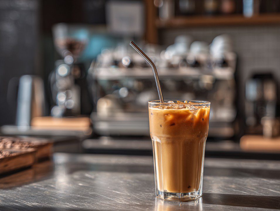 A tall clear glass of iced latte with visible ice cubes and a light foam layer on top, sitting on a bright kitchen table with a small spoon nearby