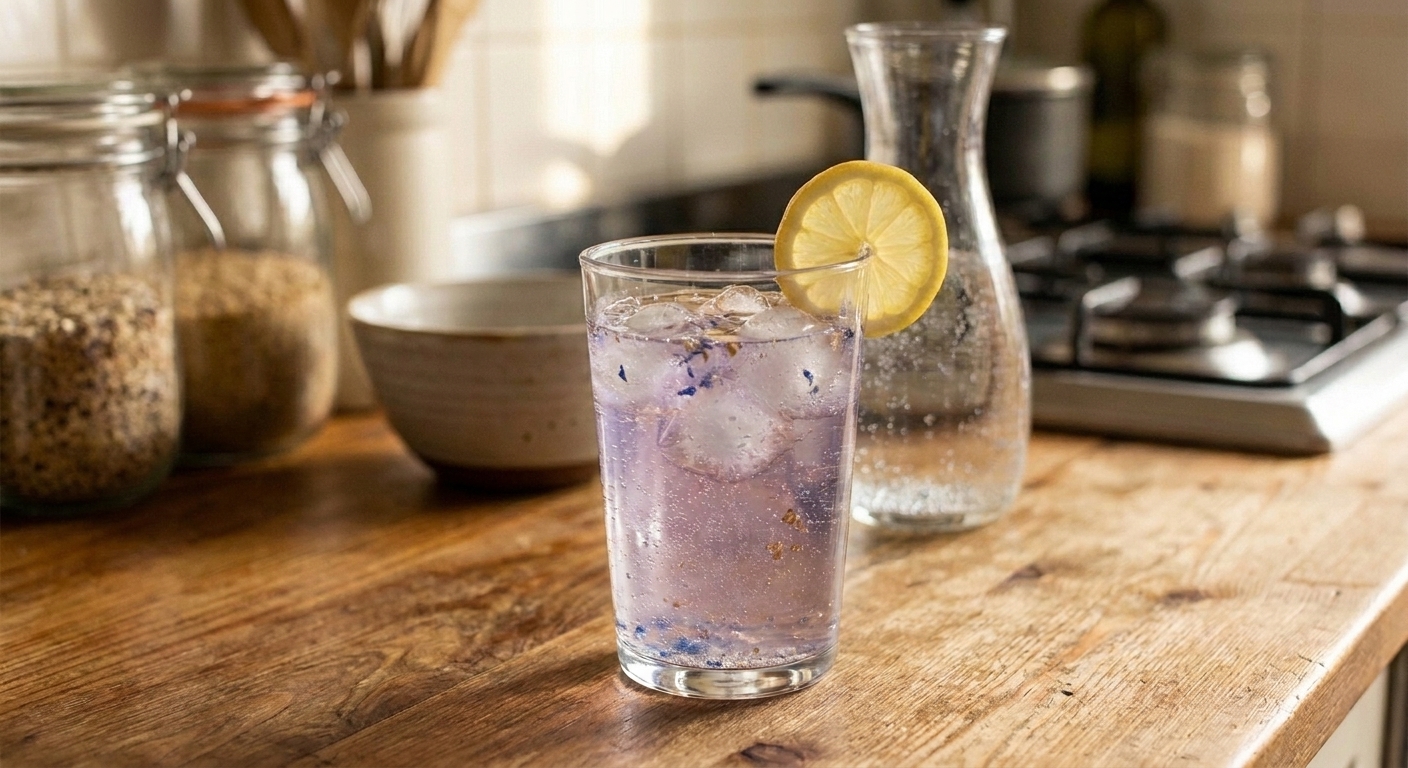 A tall clear glass of sparkling invisibility potion with edible shimmer swirling in pale liquid, a lemon slice on the rim, set on a kitchen counter
