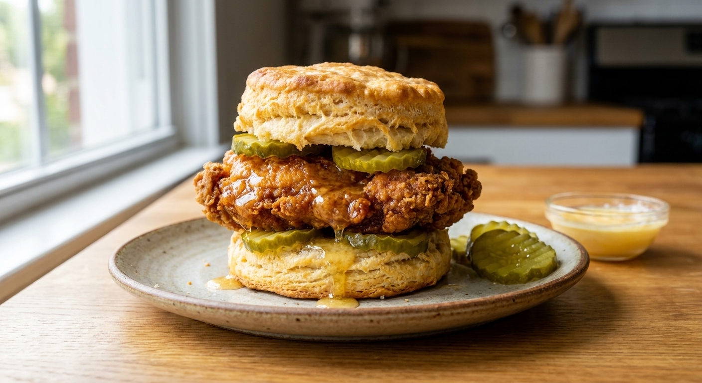 A tall crispy fried chicken thigh biscuit sandwich on a plate, split flaky biscuit dripping with honey butter, crinkle-cut pickles peeking out, natural window light, real food photography