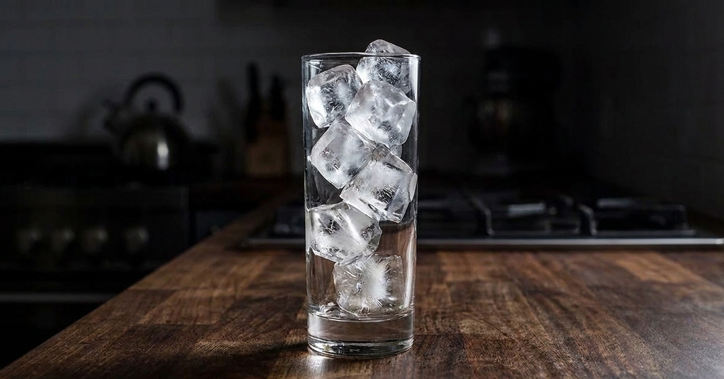 A tall empty highball glass packed with large clear ice cubes on a clean kitchen counter, ready for a drink to be built