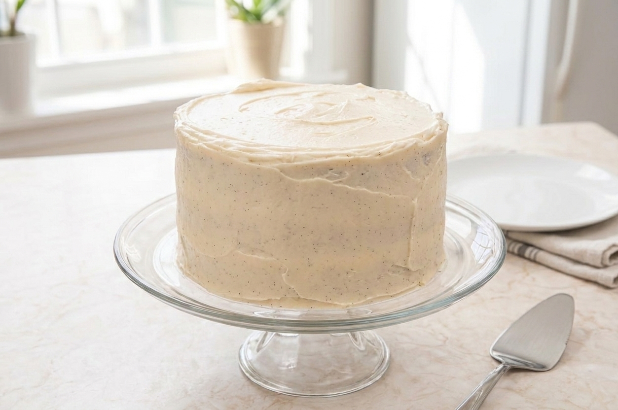 A tall, frosted vegan vanilla layer cake on a cake stand with smooth dairy-free buttercream and a few vanilla bean specks, set on a bright kitchen counter with natural window light