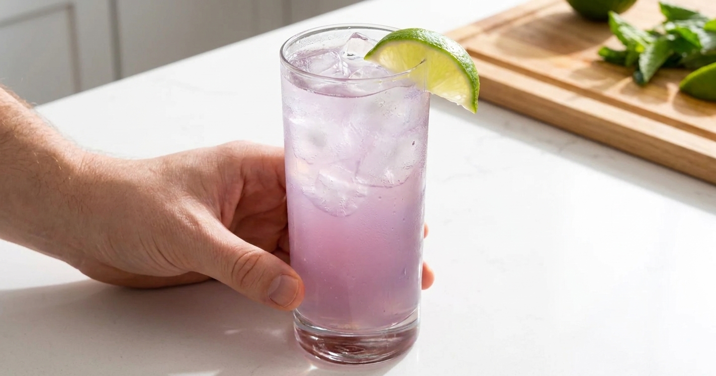 A tall glass Transfusion cocktail with a pale purple hue, ice cubes, a fresh lime wedge on the rim, and condensation on the glass on a bright kitchen counter