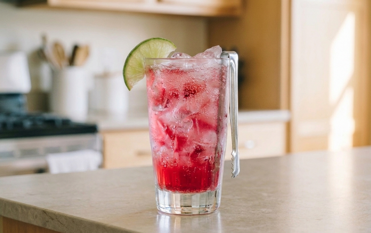 A tall glass filled with a bright pink fizzy drink over ice, garnished with a lime wedge on a neutral kitchen counter with soft natural light