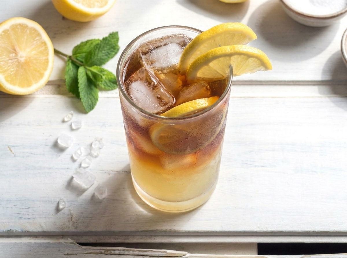 A tall glass of Arnold Palmer with visible layers of iced tea and lemonade, lots of ice, lemon slices on the rim, and condensation on the glass on a sunny kitchen counter