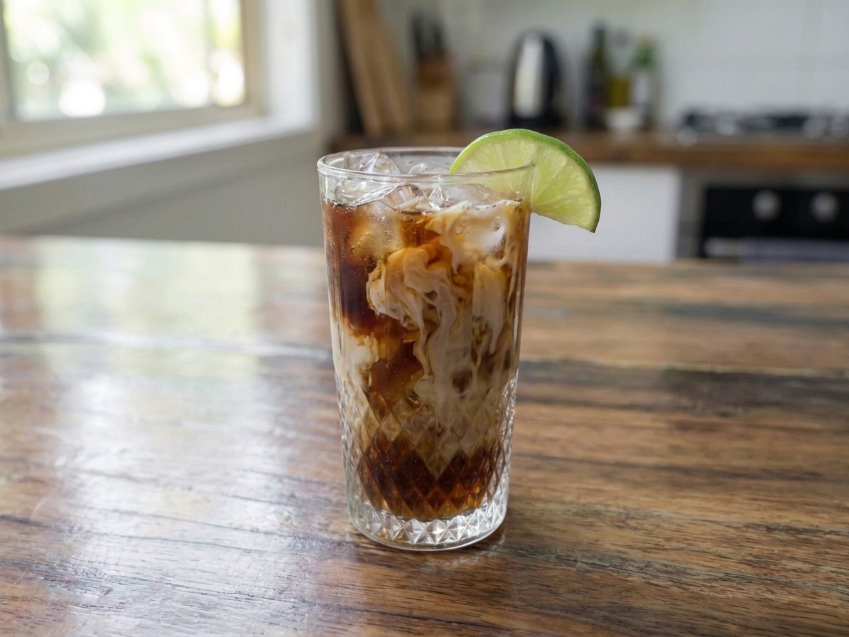 A tall glass of Dirty Dr Pepper filled with ice, topped with creamy coconut swirls and a fresh lime wedge on a bright kitchen counter