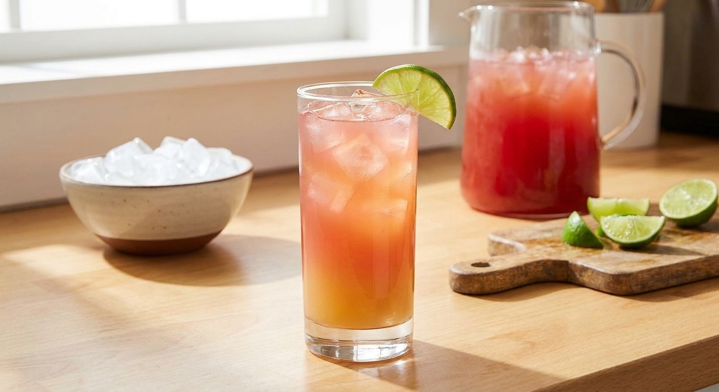 A tall glass of Malibu Bay Breeze with ice, a pink-to-golden gradient from cranberry and pineapple juice, garnished with a lime wedge on a bright kitchen counter