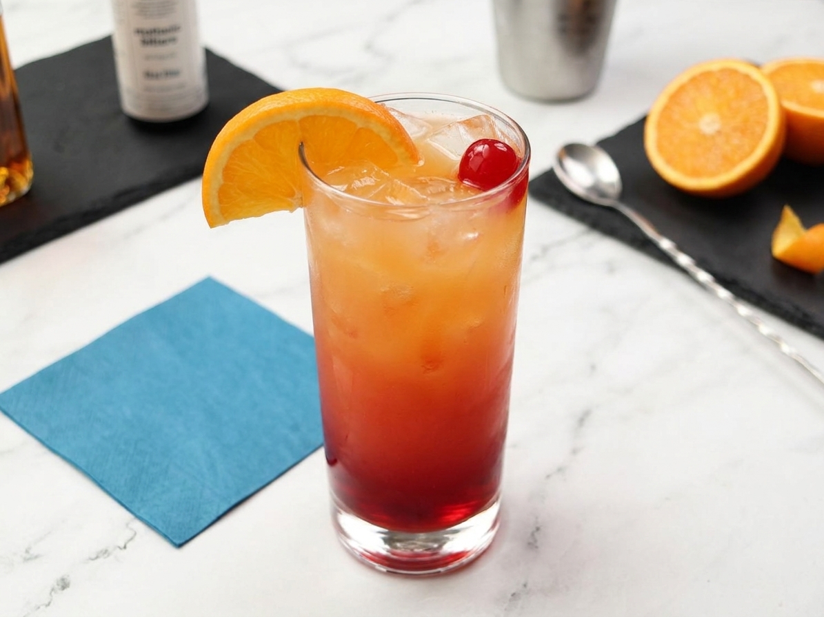 A tall glass of Sex on the Beach cocktail with ice and a distinct cranberry-to-orange gradient, garnished with an orange slice on a bright kitchen counter