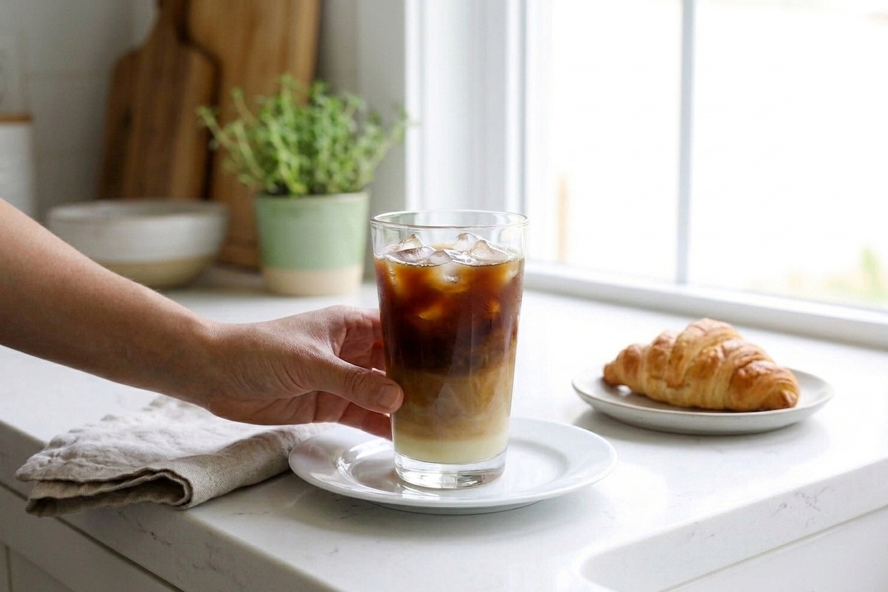 A tall glass of Vietnamese iced coffee on a simple breakfast table setting with a small plate and napkin in soft morning light