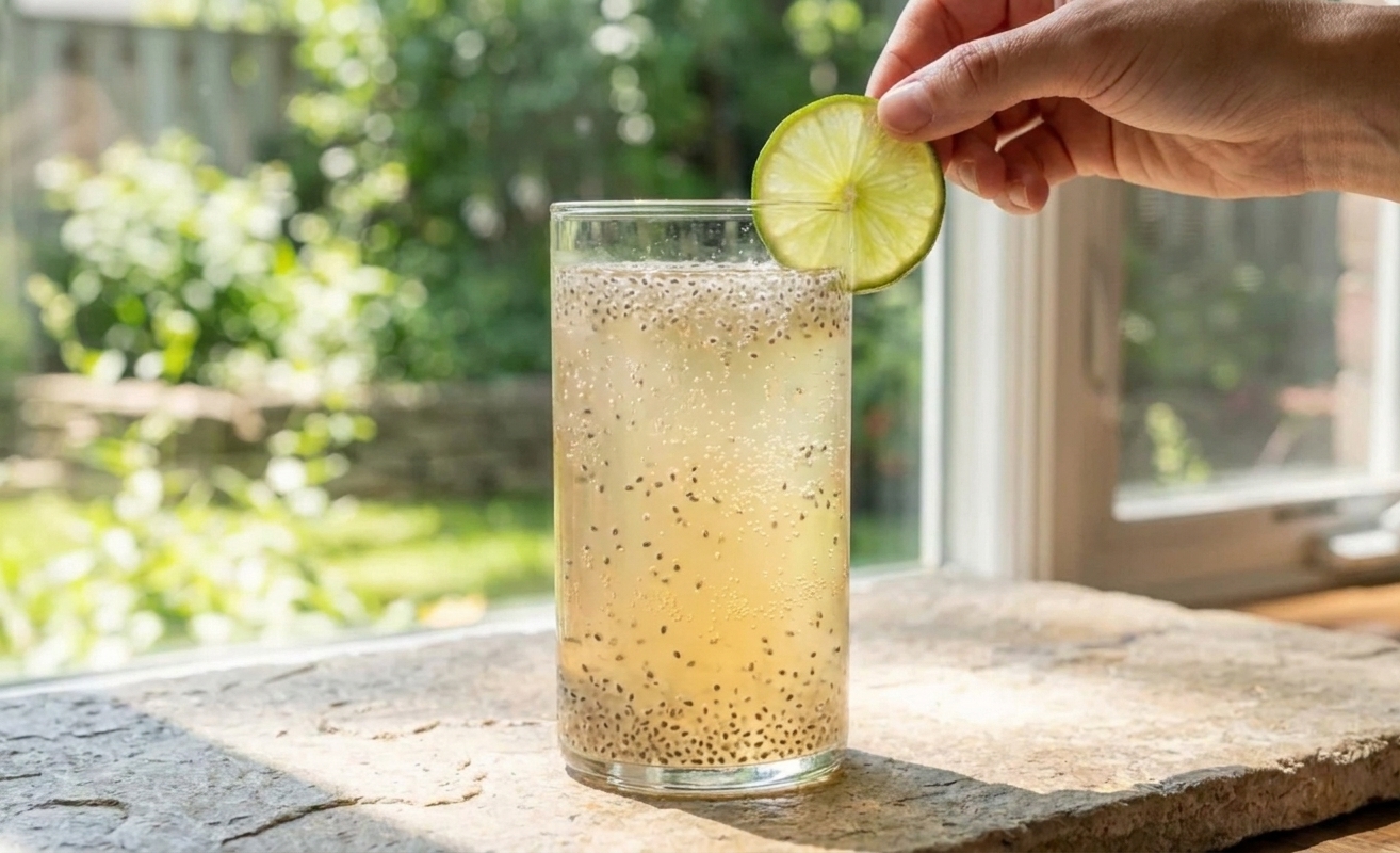A tall glass of a pale golden citrus drink with tiny suspended chia pearls, topped with sparkling bubbles and a lime wheel, sitting on a light stone kitchen counter in soft daylight