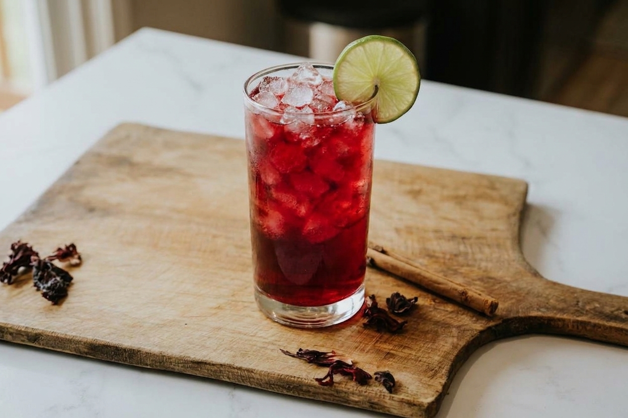 A tall glass of agua de jamaica filled with ice and garnished with a lime wheel on a wooden table