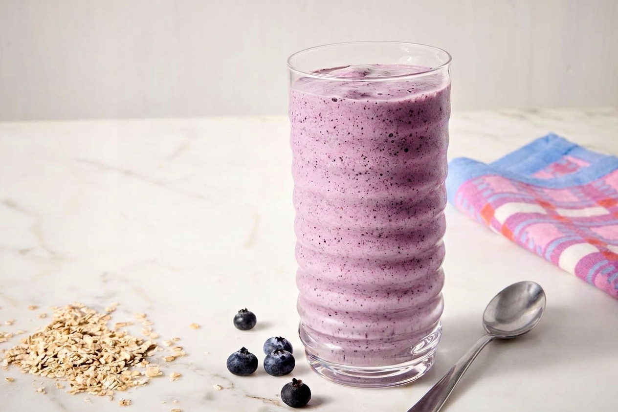 A tall glass of berry oat smoothie on a stone counter with a few scattered blueberries and a spoon beside it