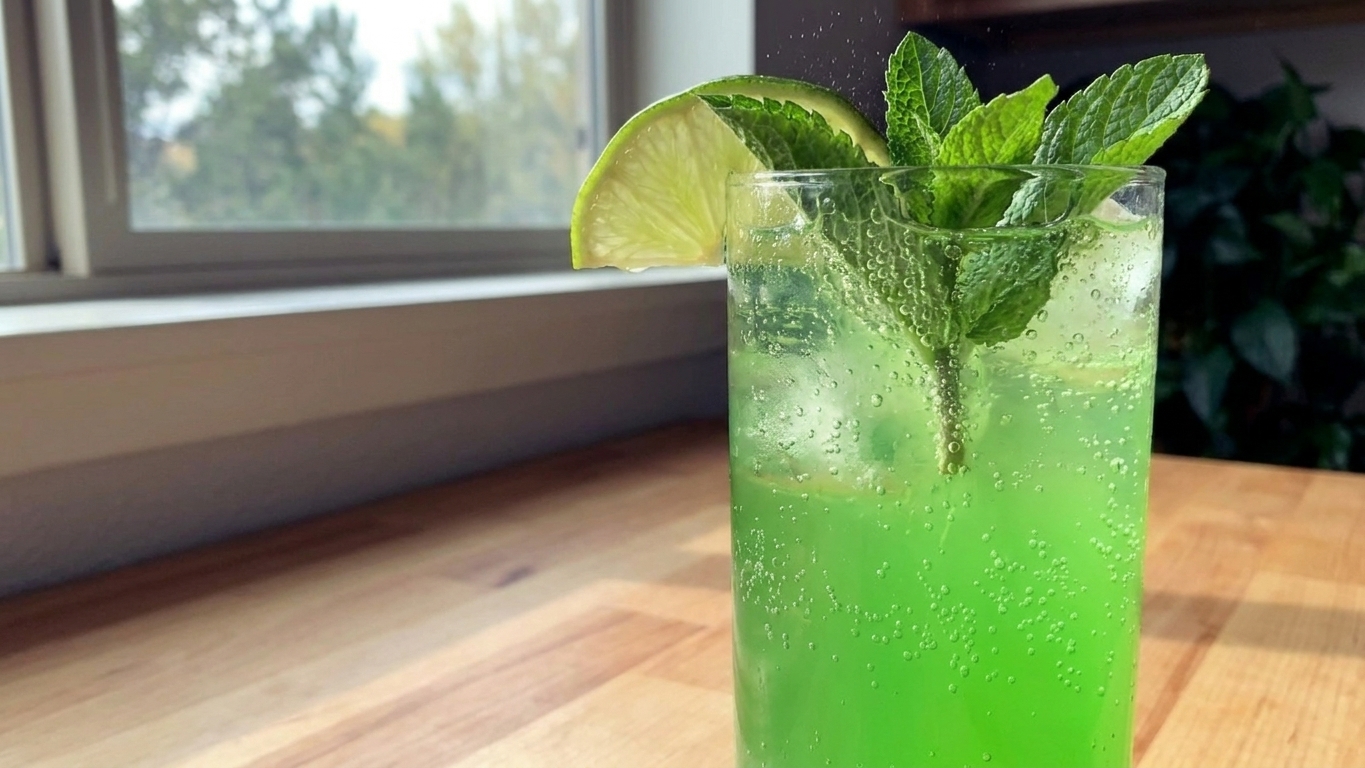 A tall glass of bright green sparkling mocktail with lime wedges and fresh mint on a kitchen counter