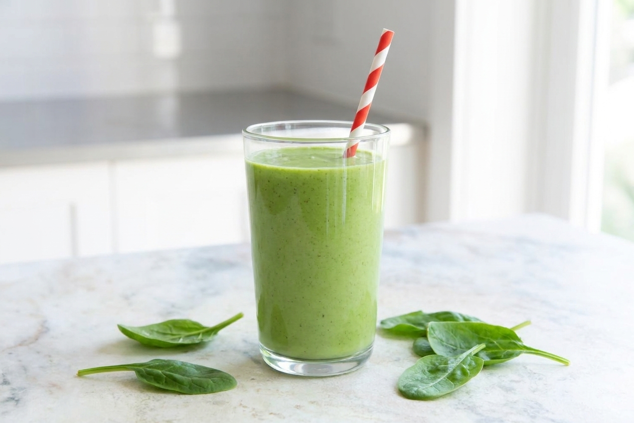 A tall glass of bright green spinach smoothie on a light kitchen counter with a straw and a few spinach leaves nearby