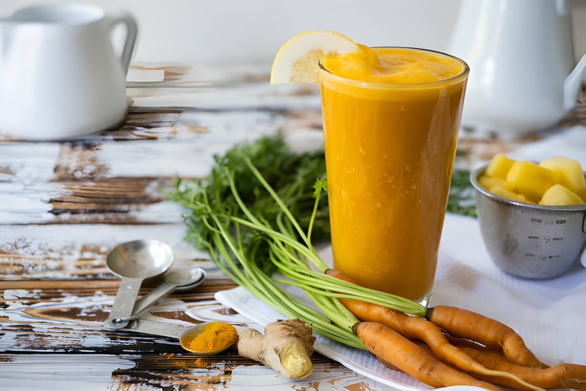 A tall glass of bright orange carrot ginger turmeric juice with a lemon wedge on the rim, sitting on a sunlit kitchen counter