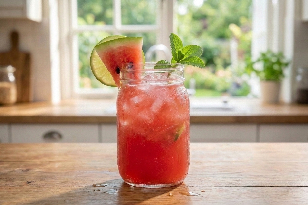A tall glass of bright pink watermelon mocktail with lime wedges and mint on a sunlit kitchen counter, condensation on the glass