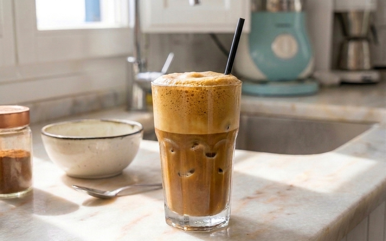 A tall glass of classic Greek-style coffee frappe with thick foam on top and ice cubes visible, set on a bright kitchen counter with a straw