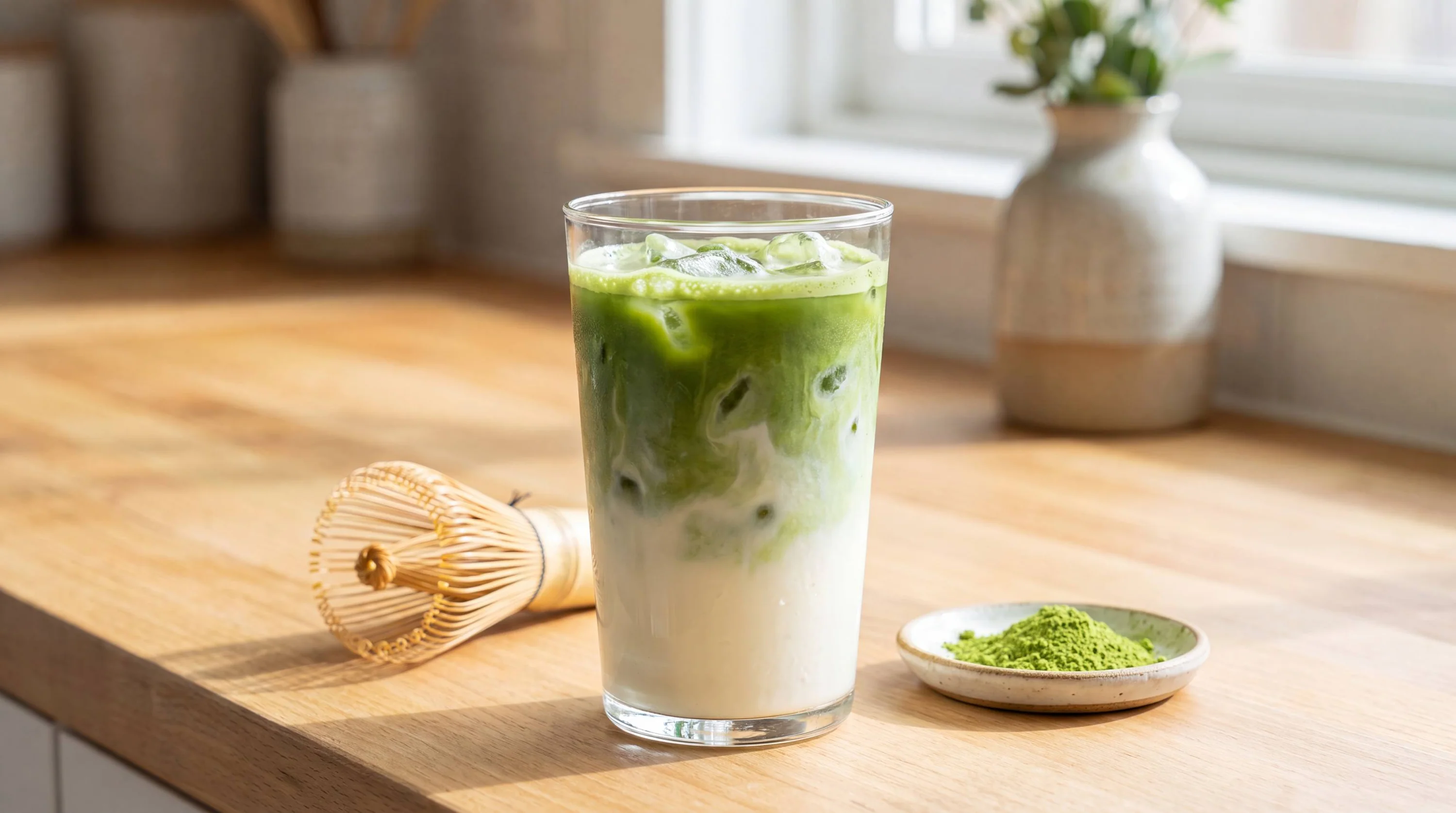 A tall glass of creamy iced matcha latte with visible ice cubes on a light stone kitchen counter, natural window light