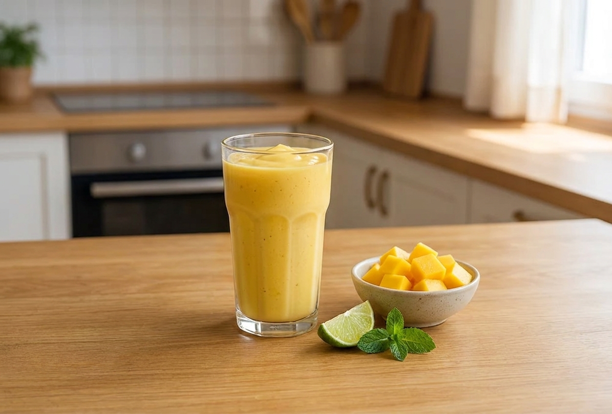 A tall glass of creamy mango smoothie on a light kitchen counter with fresh mango slices and a lime wedge nearby, natural window light