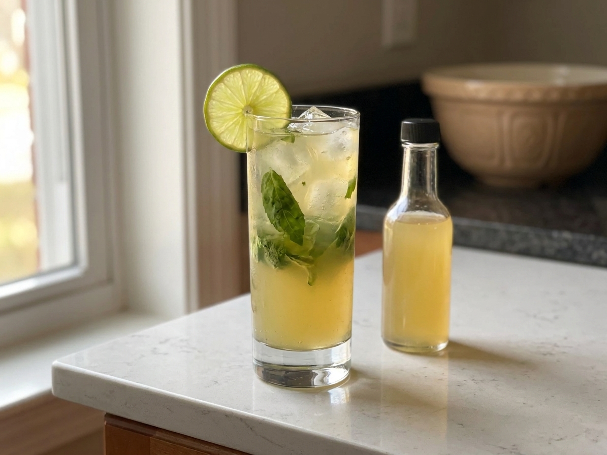 A tall glass of ginger basil gin smash with ice, basil leaves, and a lime wheel on a light kitchen counter with soft natural light