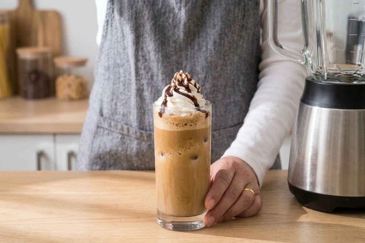A tall glass of homemade coffee frappuccino with whipped cream on top, sitting on a bright kitchen counter with a blender nearby