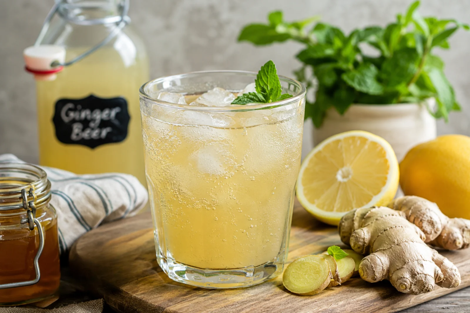 A tall glass of homemade ginger beer with lots of ice, visible bubbles, and a lime wedge on the rim on a bright kitchen counter