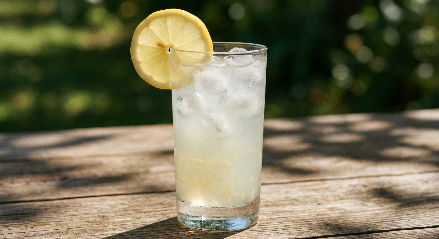 A tall glass of homemade lemonade with ice cubes and a lemon slice on the rim, condensation visible, photorealistic