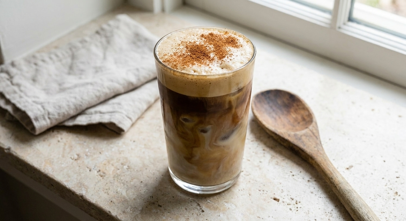 A tall glass of iced brown sugar shaken espresso with visible foam on top, a light cinnamon dusting, and oat milk swirling through dark espresso on a light stone kitchen counter