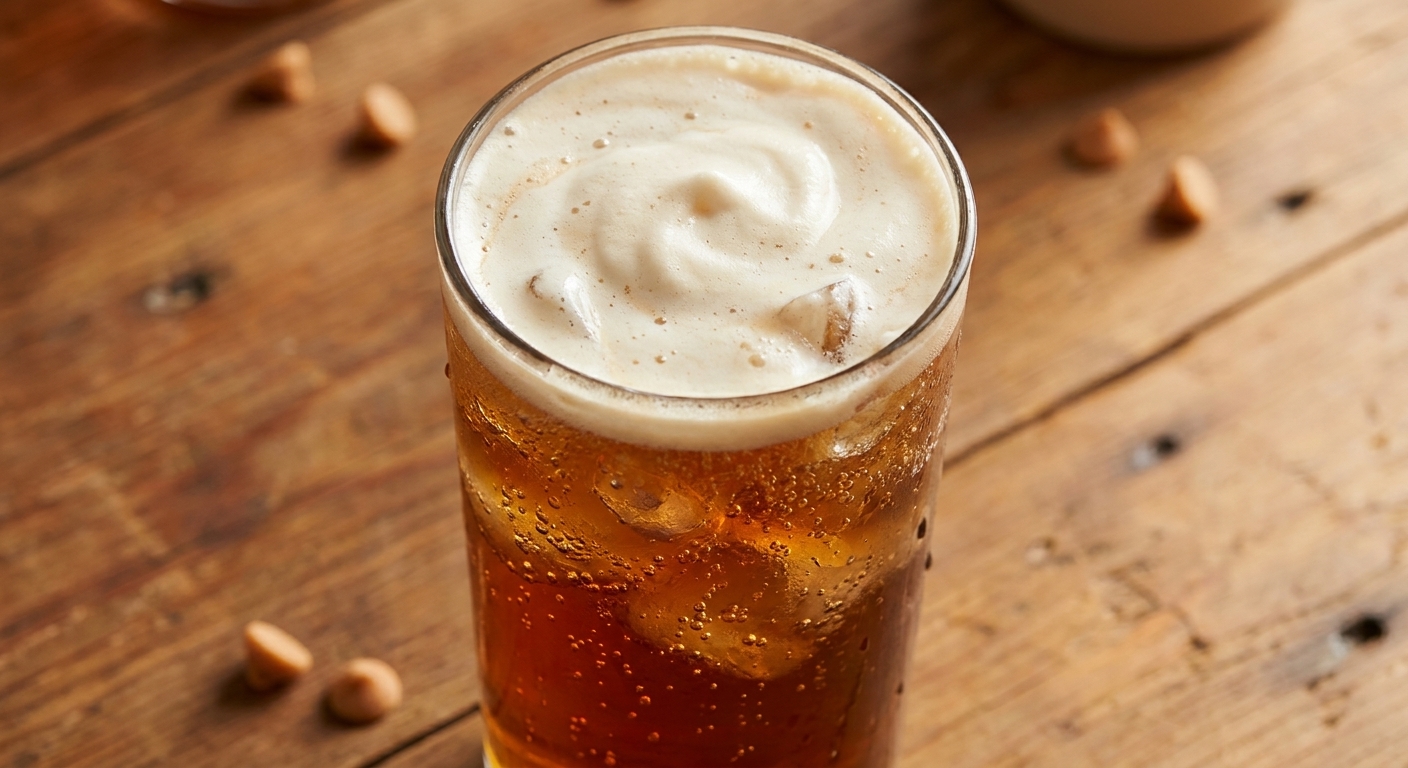 A tall glass of iced butterbeer with visible bubbles and a thick foam cap on a wooden table