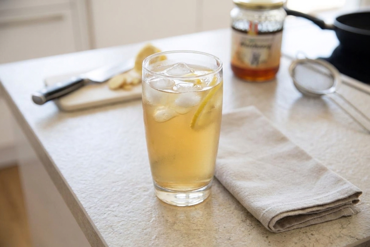 A tall glass of iced ginger water with lemon slices and ice cubes on a light stone kitchen counter, with a simple linen napkin nearby