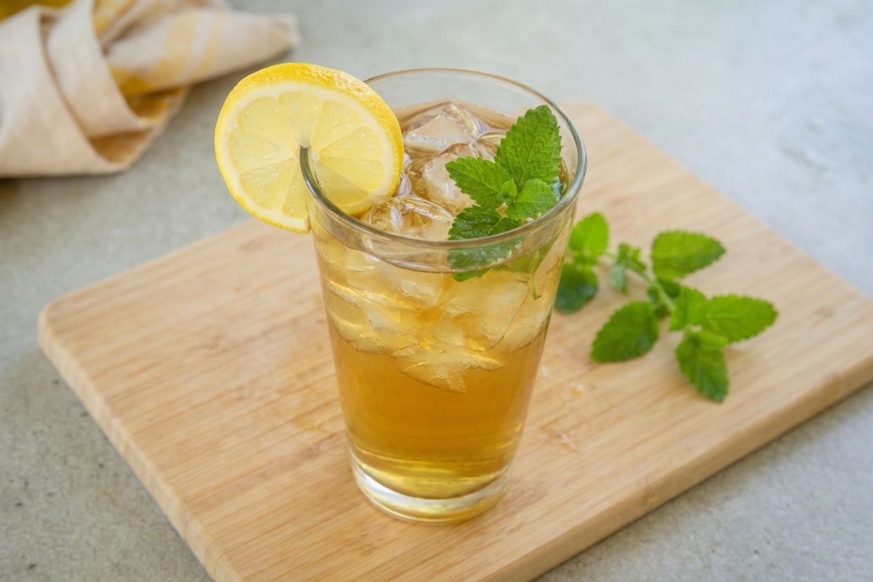 A tall glass of iced lemon balm tea with ice cubes and a lemon slice on a wooden table
