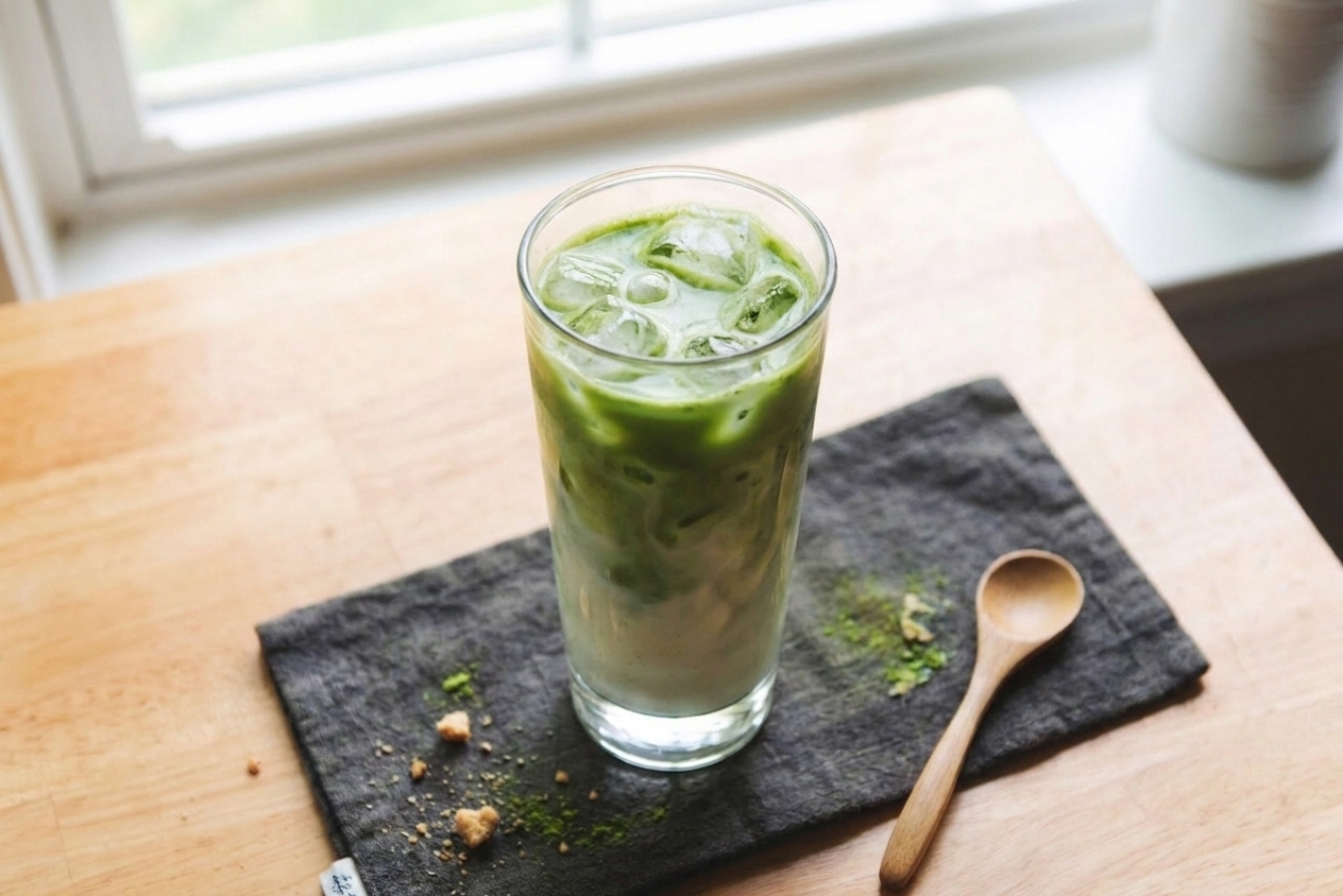 A tall glass of iced matcha latte with visible swirls of bright green matcha and milk on a light kitchen counter