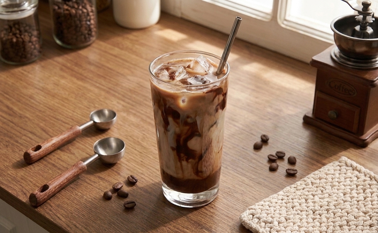 A tall glass of iced mocha latte with visible swirls of chocolate and milk, sitting on a kitchen counter with ice cubes