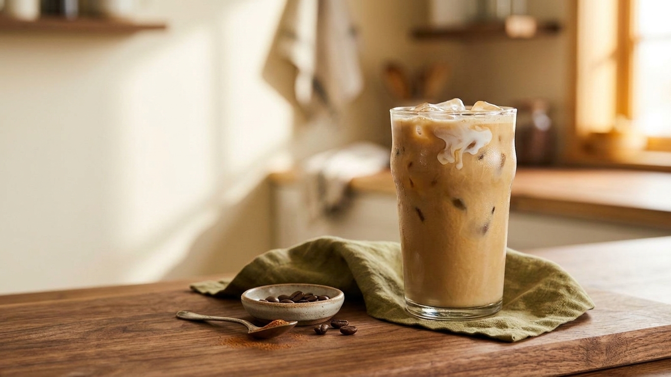 A tall glass of iced protein coffee with a creamy tan color, ice cubes, and a drizzle of milk on top, sitting on a bright kitchen counter