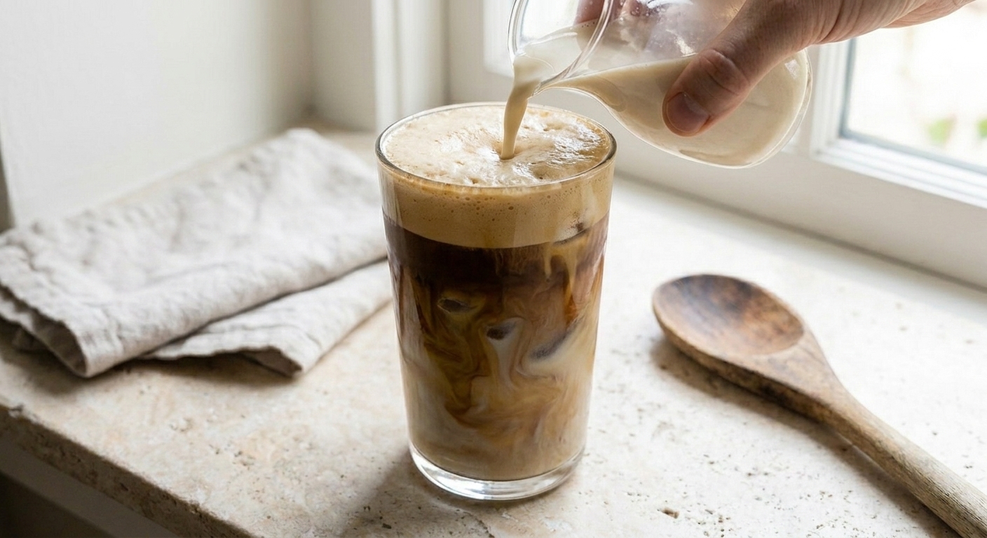 A tall glass of iced shaken espresso on a light kitchen counter as oat milk is poured in, creating swirls with a foamy top