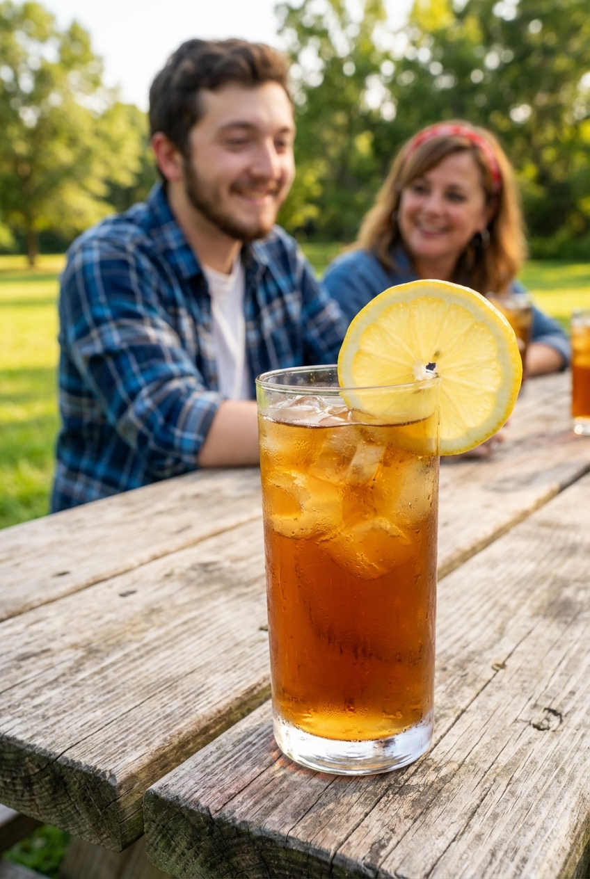 A tall glass of iced sweet tea with lemon on a picnic table
