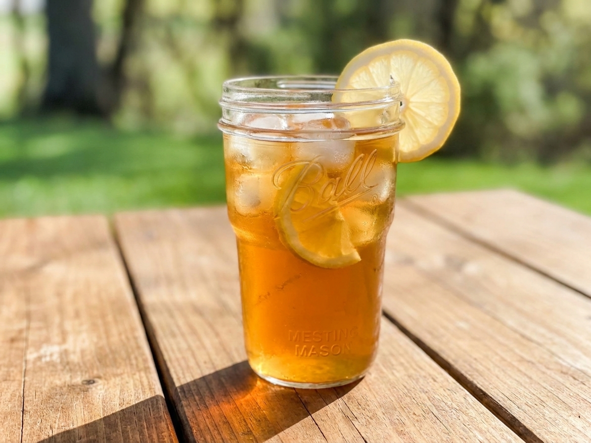 A tall glass of iced tea with lemon slices and ice cubes on a wooden table in natural light