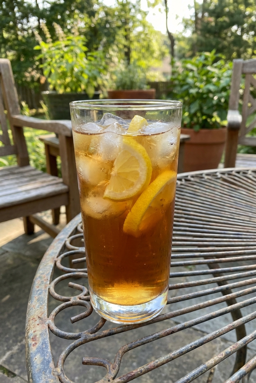 A tall glass of iced tea with lemon slices on a patio table