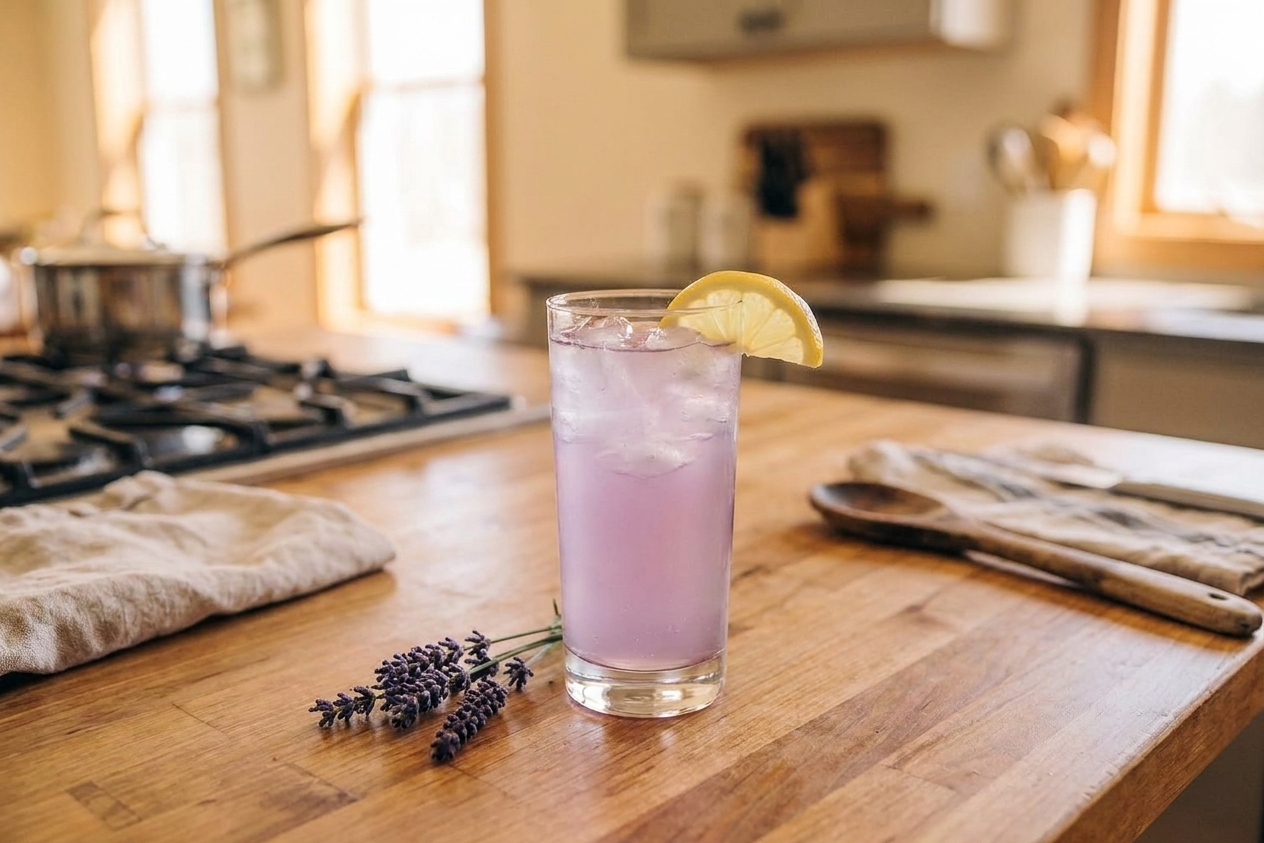 A tall glass of lavender lemonade with ice on a kitchen table, a lemon wedge on the rim and a small lavender sprig beside it, soft afternoon light