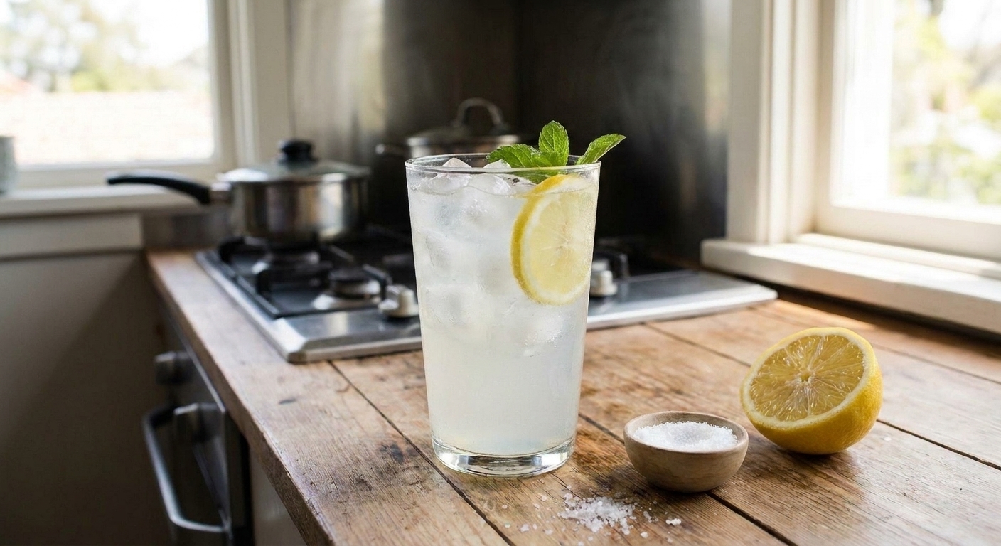 A tall glass of lemon electrolyte drink with ice on a bright kitchen counter, with a small bowl of salt and a cut lemon nearby