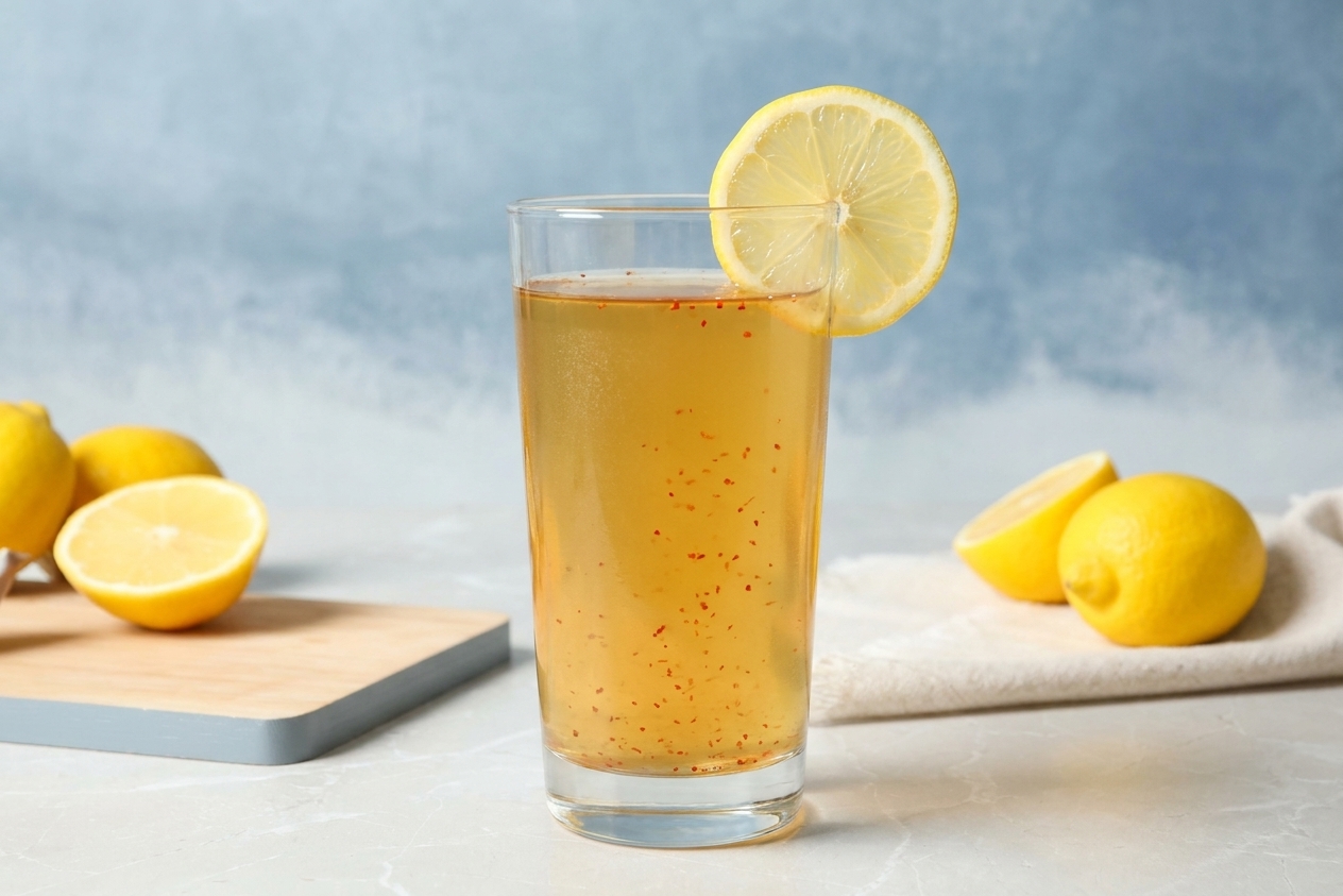 A tall glass of lemon-maple drink with a lemon wheel on the rim, tiny cayenne flecks swirling inside, set on a clean kitchen counter with soft morning light