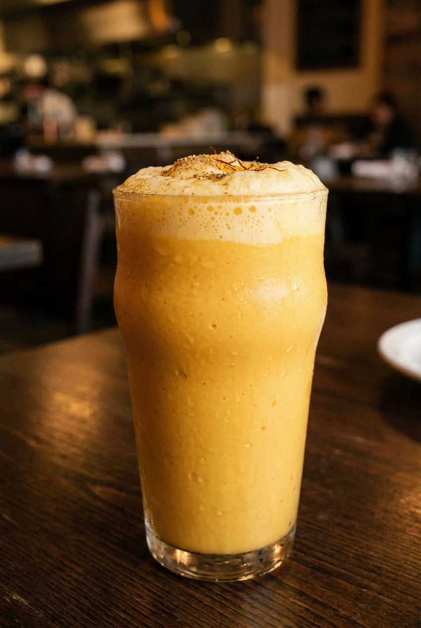 A tall glass of mango lassi with a frothy top